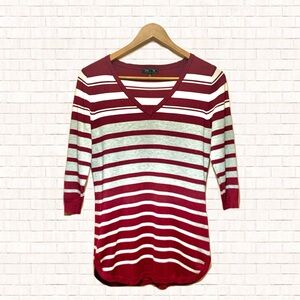LETY & ME 3/4 Sleeve Varsity Striped V-Neck Sweater Maroon size Small EUC OBO